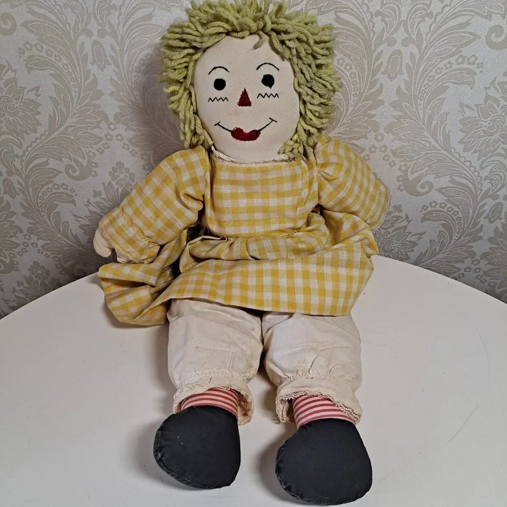 Vintage Blonde Raggedy Ann Doll Yellow Dress All Fabric Doll
